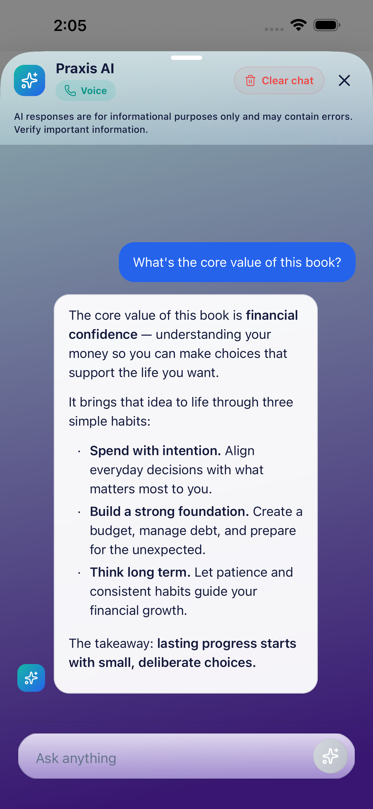 Praxis AI chat discussing the core value of a finance book