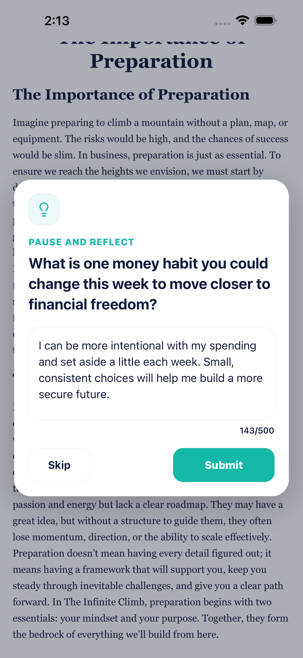 A reader responding to a Pause and Reflect prompt about money habits
